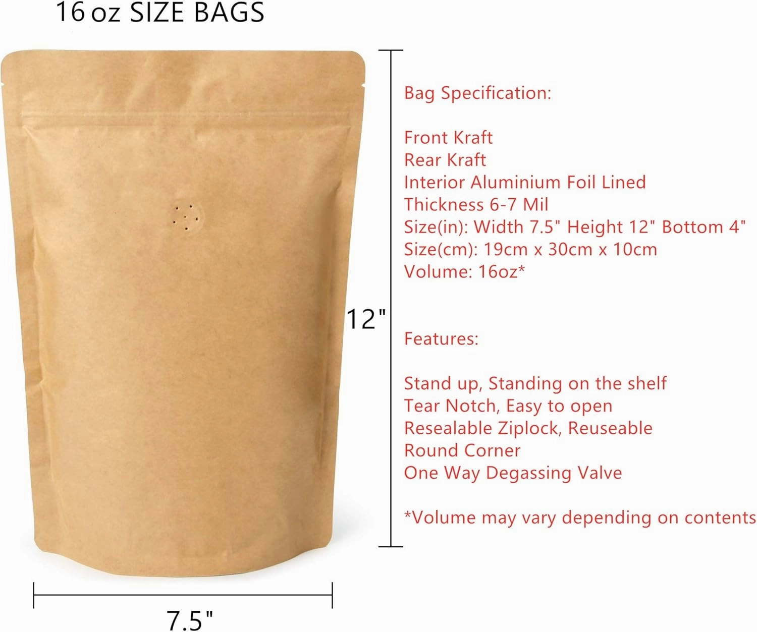 50 Counts High Barrier Natural Kraft Paper Stand up Zipper Coffee Pouch Bag with One Way Degassing Valve (50, 16 OZ/1 LB/454-500 Gram)