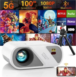 5G WiFi Bluetooth Video Projector[Projector Screen and Tripod Included], Full HD 1080P Outdoor Movie Projector, Portable Projector Compatible With HDMI/ USB/ AV/ Smartphone/ TV Stick/ Laptop