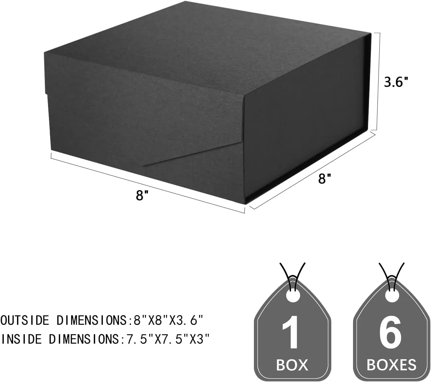 6 Gift Boxes 7.5x7.5x3 Inches, Black Boxes for Gifts, Groomsmen Proposal Boxes for Mother's Day, Father's Day, Collapsible with Magnetic Closure