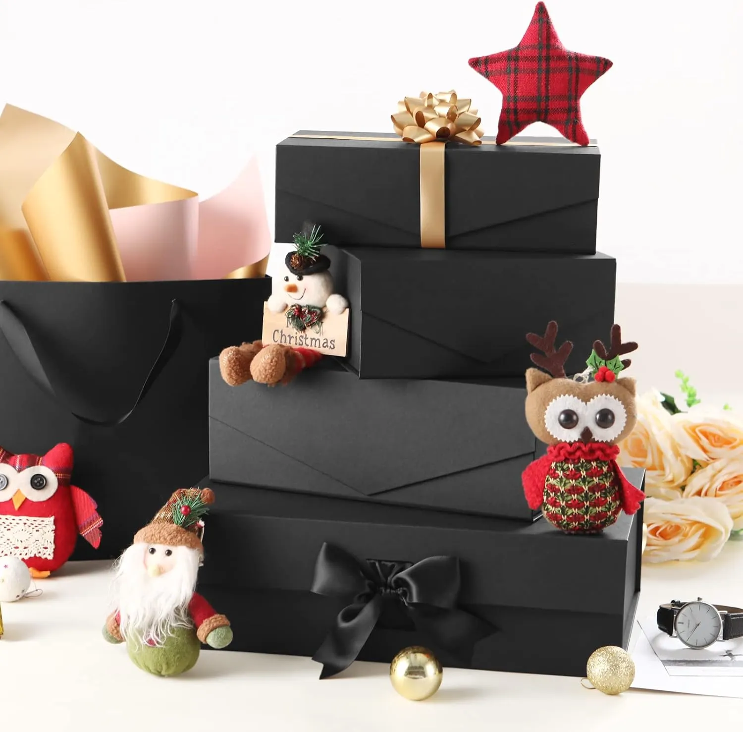 6 Gift Boxes 7.5x7.5x3 Inches, Black Boxes for Gifts, Groomsmen Proposal Boxes for Mother's Day, Father's Day, Collapsible with Magnetic Closure