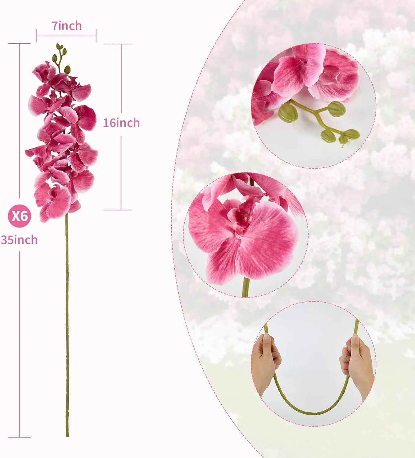 6 PCS Artificial Orchid Stems 33.5" Tall 9 Large Petals Fake Fuchsia Phalaenopsis Flower Arrangements for Home Wedding Living Room Table Centerpiece Office Table Decor Fuchsia