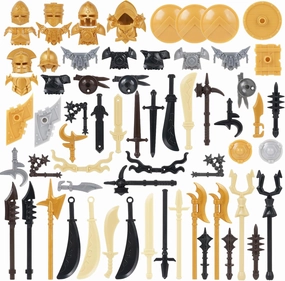 64Pcs Medieval Knight Weapon Package Accessories Set. Includes Armor. Helmet. Shield. Amulet. Suitable for Mini Figures. (Medieval Weapons)