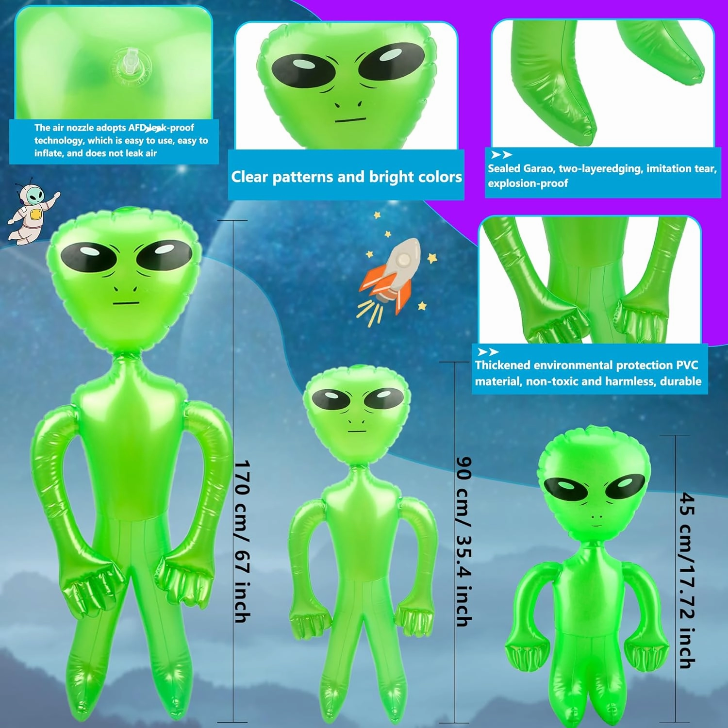 6 Pack 67 Inch 35 Inch 18 Inch Inflatable Alien Jumbo Alien Inflate Giant Blow Up Alien Toy for Photo Prep Halloween Alien Theme Party (Green)