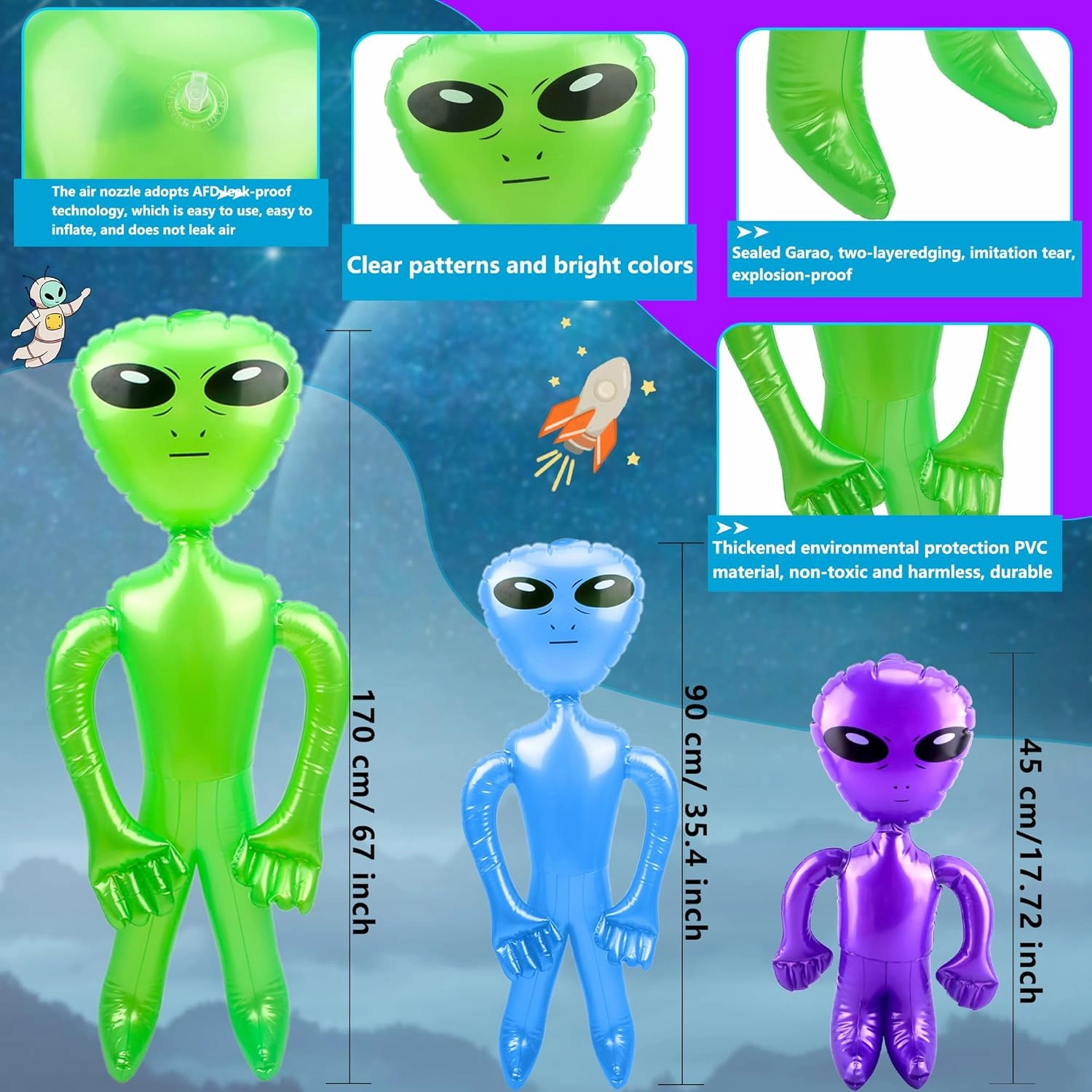6 Pack 67 Inch 35 Inch 18 Inch Inflatable Alien Jumbo Alien Inflate Giant Blow Up Alien Toy for Photo Prep Halloween Alien Theme Party (Green,Blue,Purple)