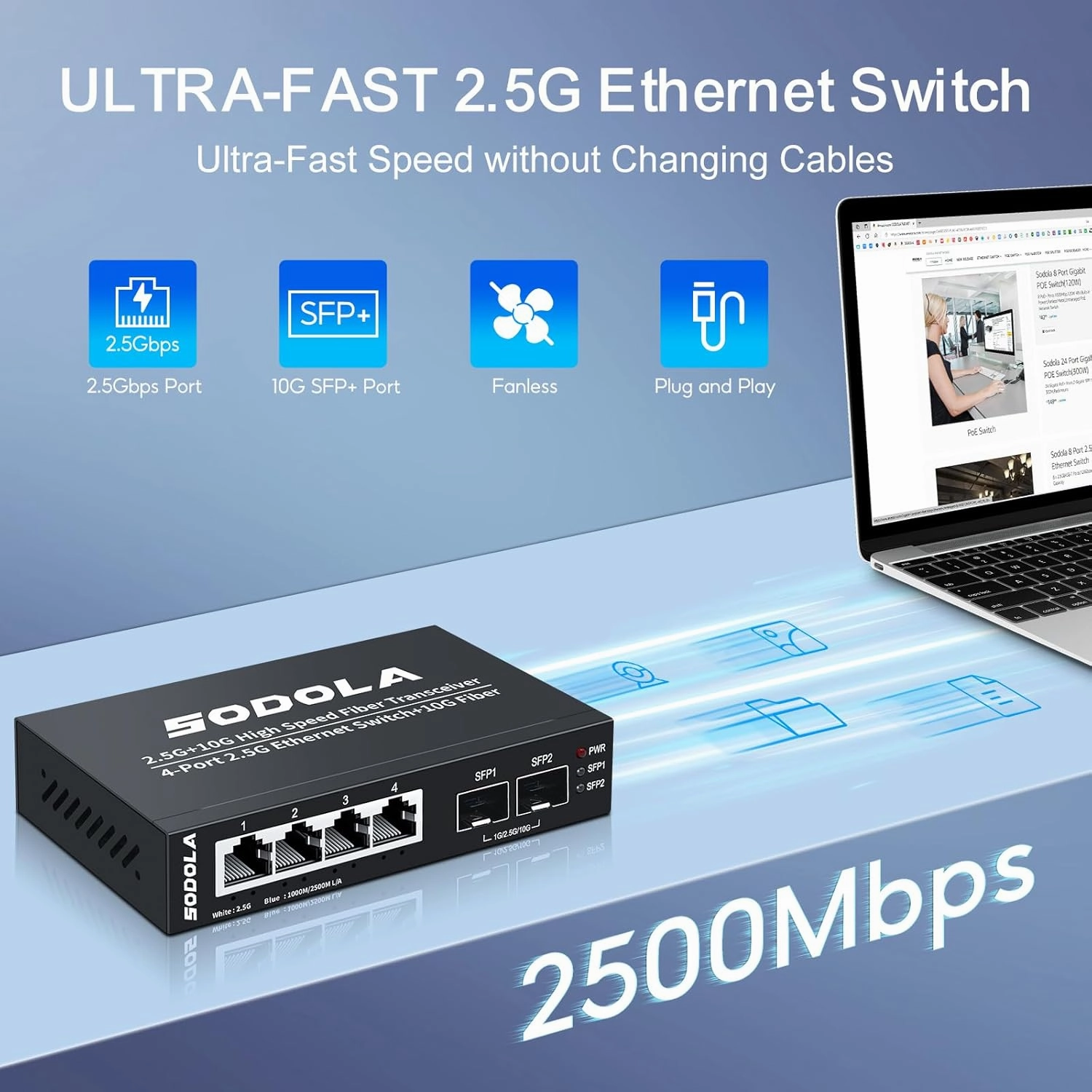 6 Port 2.5G Umanaged Ethernet Switch,4X 2.5GBASE-T Ports,2X 10G SFP, 60Gbps Switching Capacity,Mini Wall Mountable 2.5Gb Network Switch for Wireless AP, NAS, PC