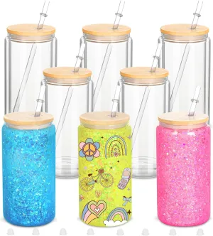 8 Pack 16 Oz Sublimation Snow Globe Tumbler, Snow Globe Cups with Pre Drilled Hole, Double Wall Beer Can Glass Mason Jar Mug with Bamboo Lids and Straws for Snowglobe DIY