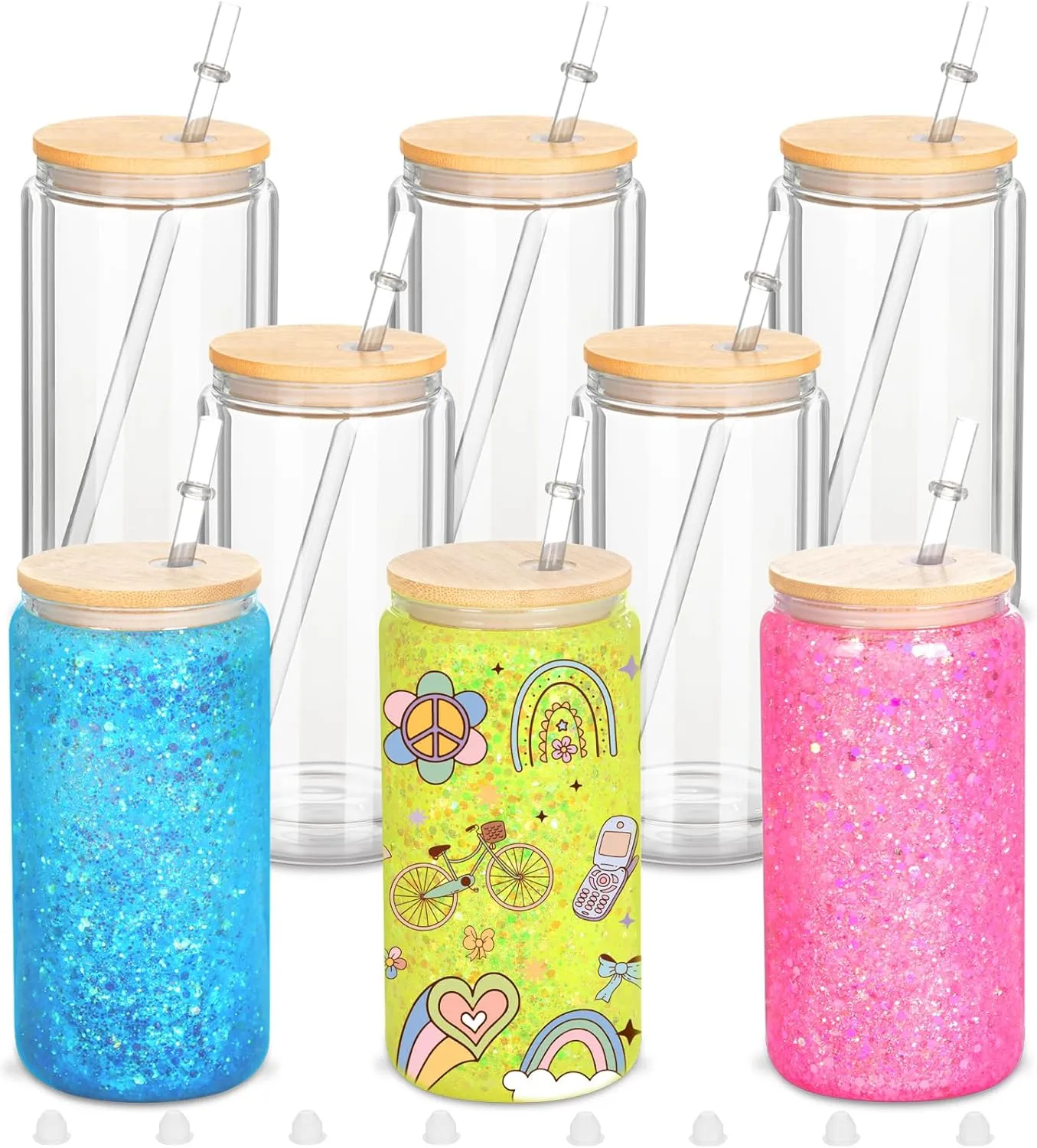 8 Pack 16 Oz Sublimation Snow Globe Tumbler, Snow Globe Cups with Pre Drilled Hole, Double Wall Beer Can Glass Mason Jar Mug with Bamboo Lids and Straws for Snowglobe DIY