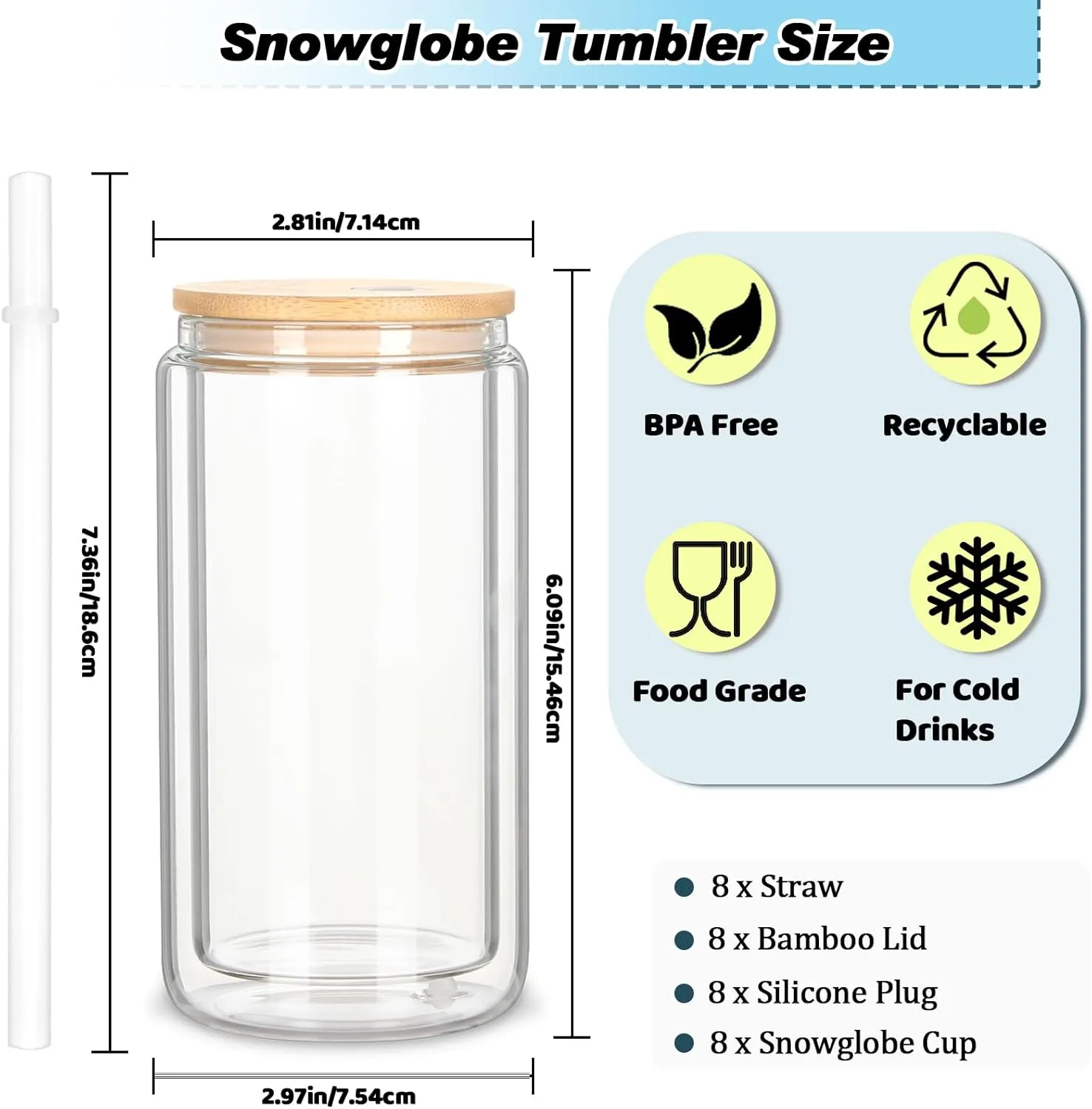 8 Pack 16 Oz Sublimation Snow Globe Tumbler, Snow Globe Cups with Pre Drilled Hole, Double Wall Beer Can Glass Mason Jar Mug with Bamboo Lids and Straws for Snowglobe DIY