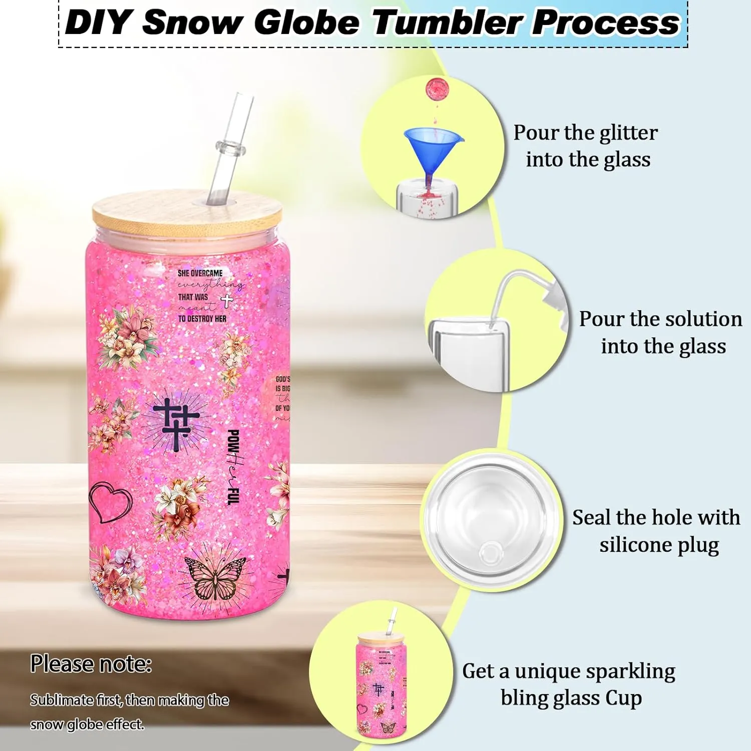 8 Pack 16 Oz Sublimation Snow Globe Tumbler, Snow Globe Cups with Pre Drilled Hole, Double Wall Beer Can Glass Mason Jar Mug with Bamboo Lids and Straws for Snowglobe DIY