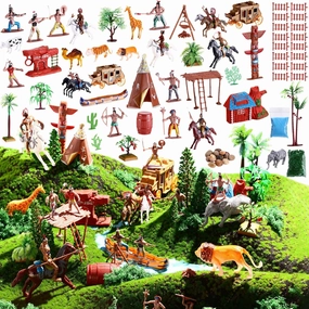 81 Pcs Wild West Cowboys and Native American Indian Figures Toys Set Mini Plastic Action Figure Soldiers Playset for Kids with Horse Tent Army Men's War Game Educational Project