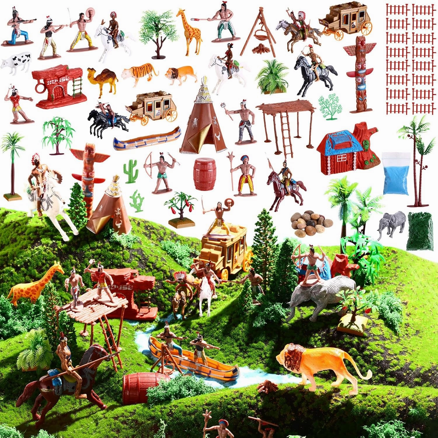 81 Pcs Wild West Cowboys and Native American Indian Figures Toys Set Mini Plastic Action Figure Soldiers Playset for Kids with Horse Tent Army Men's War Game Educational Project