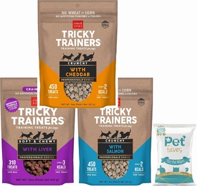 (3 Pack) Cloud Star Tricky Trainers Crunchy Low Calorie Training Dog Treat 14 oz, Cheddar, Liver, and Salmon with 10ct Pet Wipes