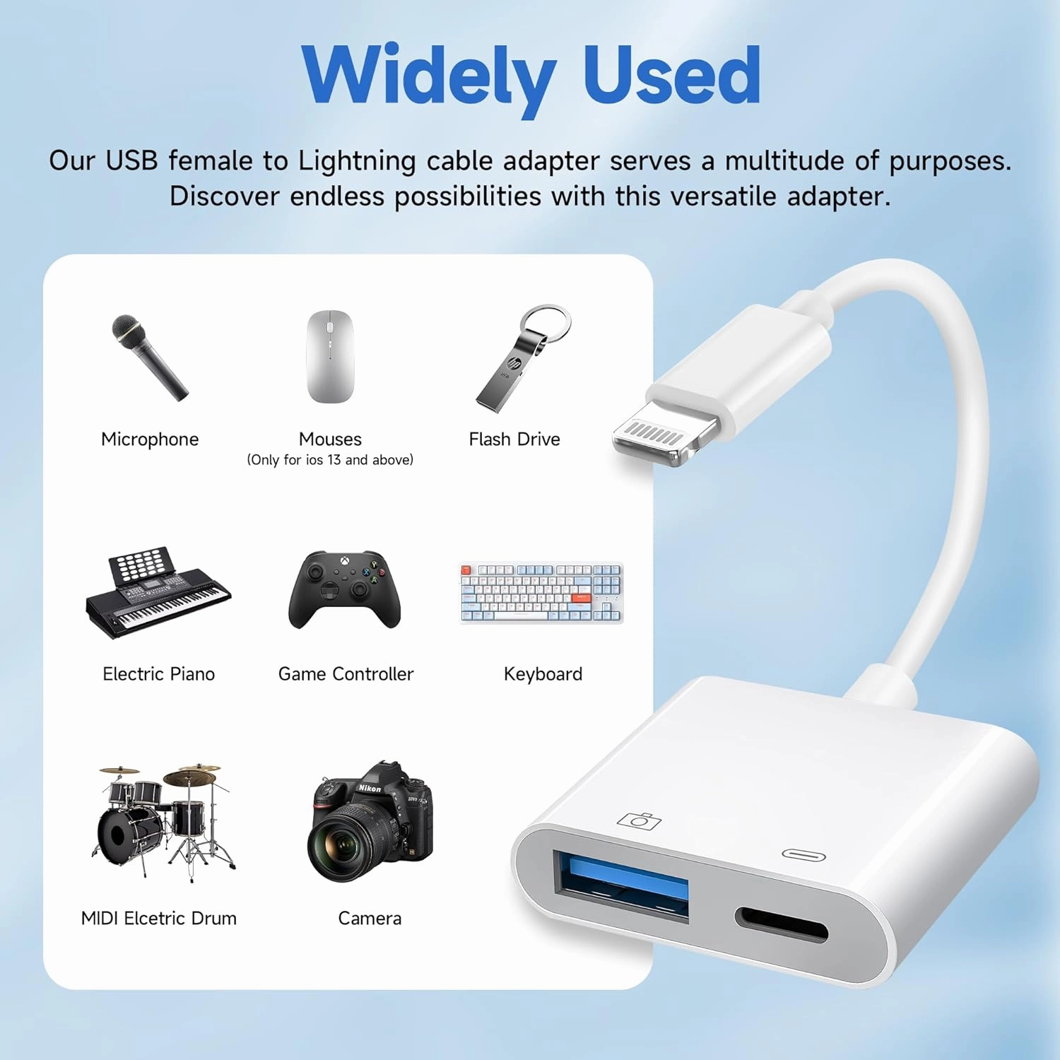 [Apple MFi Certified] Lightning to USB Camera Adapter with Charging Port, Portable USB 3.0 Female OTG Cable Adapter for Select iPhone,iPad Models, Support Card Reader, USB Flash Drive, MIDI Keyboard