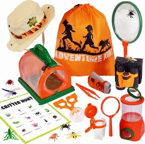 Adventure Kidz Outdoor Bug Exploration Kit, Binoculars, Magnifying Glass, Bug Container, Viewers, Critter Cage, Net, Backpack, Hat