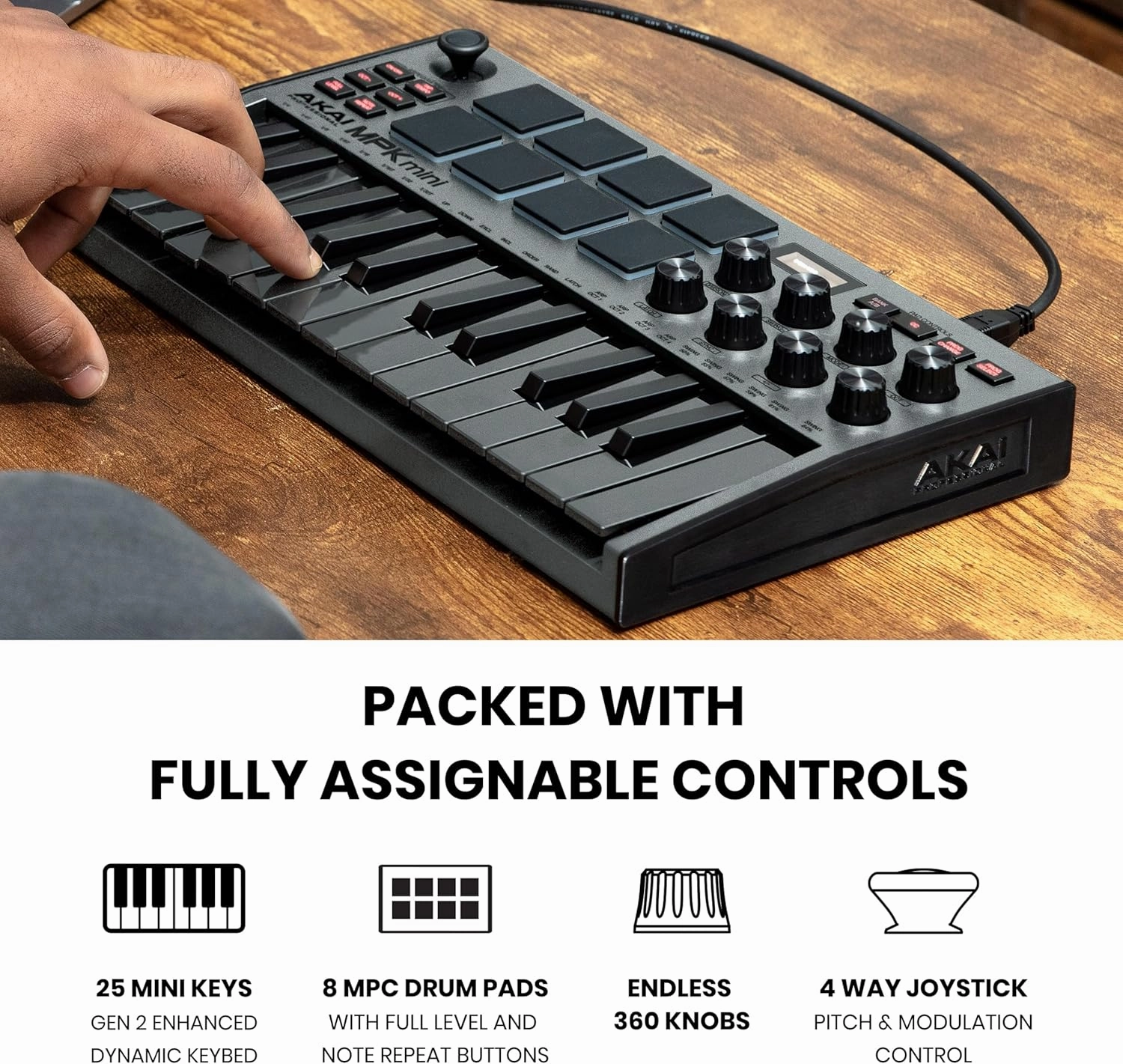 Akai Professional MPK Mini MK3 - 25 Key USB MIDI Keyboard Controller With 8 Backlit Drum Pads, 8 Knobs, Music Production Software and Native Instruments Sound Package (NKS Integration), Grey