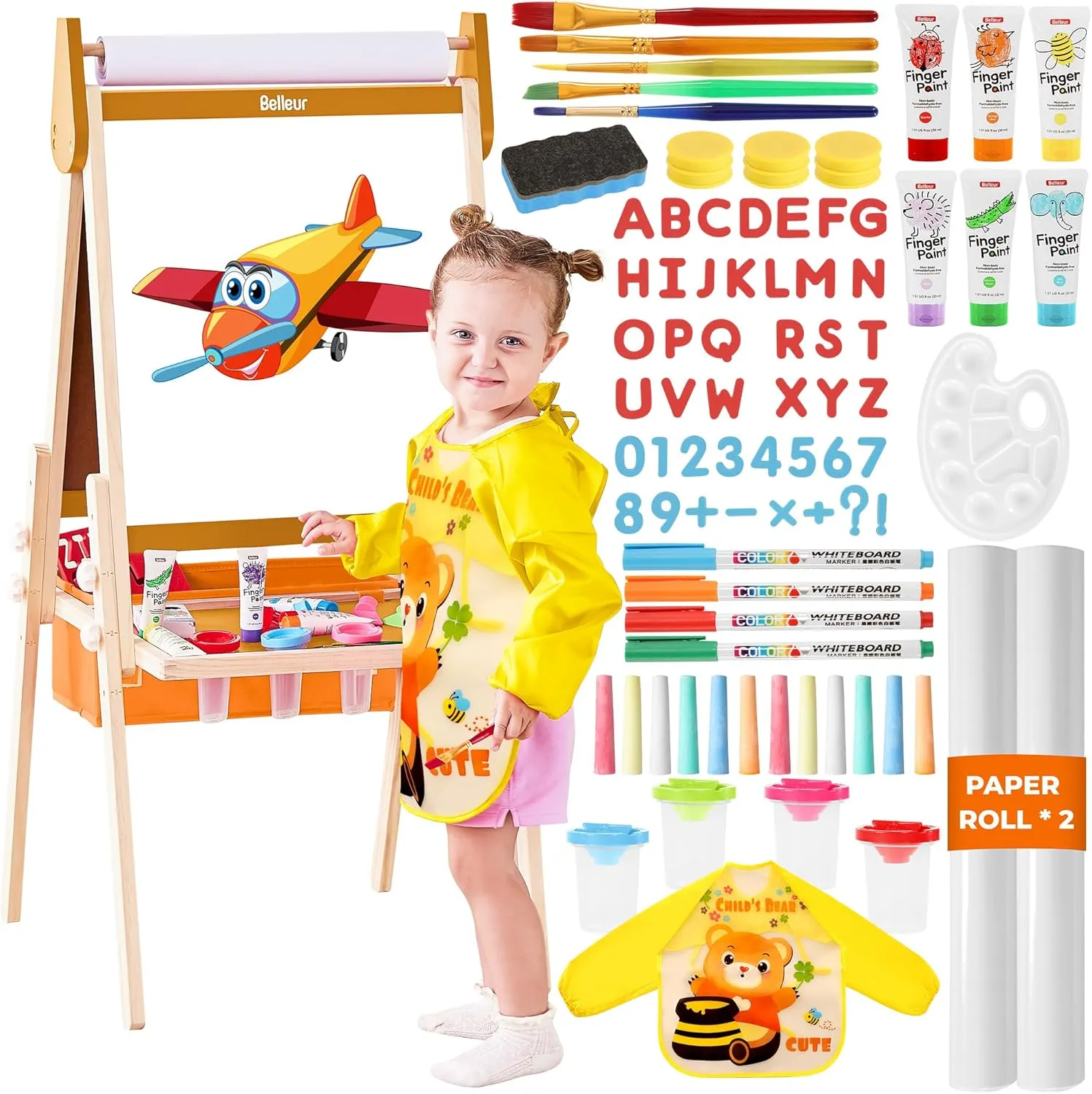 All-in-One Art Easel for Kids, Adjustable Double Sided Wooden Easel for Toddlers with Magnetic Whiteboard & Chalkboard, Paper Roll, Art Supplies, Child Painting Easel for Kid 2-8 Birthday Gift