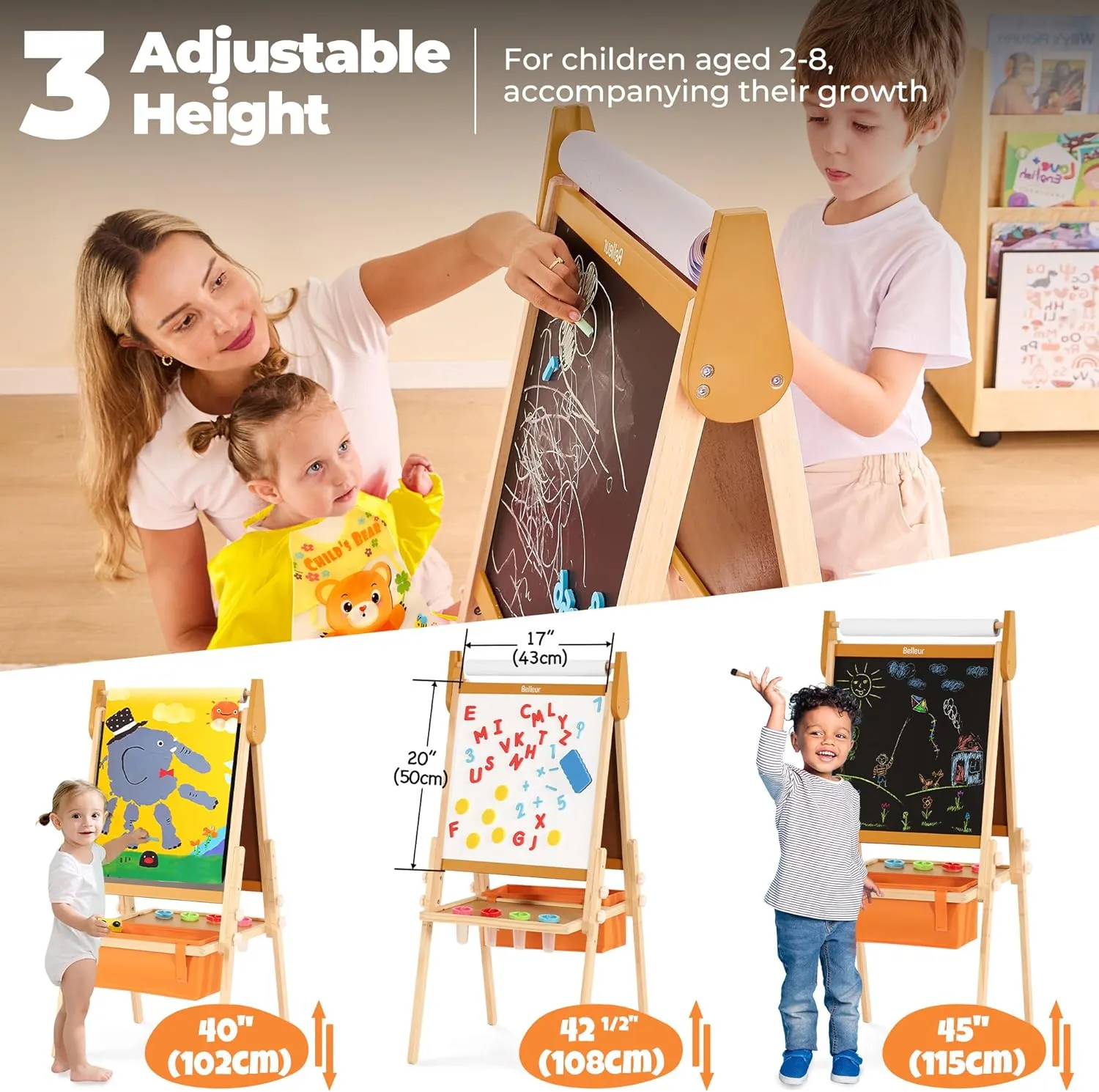 All-in-One Art Easel for Kids, Adjustable Double Sided Wooden Easel for Toddlers with Magnetic Whiteboard & Chalkboard, Paper Roll, Art Supplies, Child Painting Easel for Kid 2-8 Birthday Gift