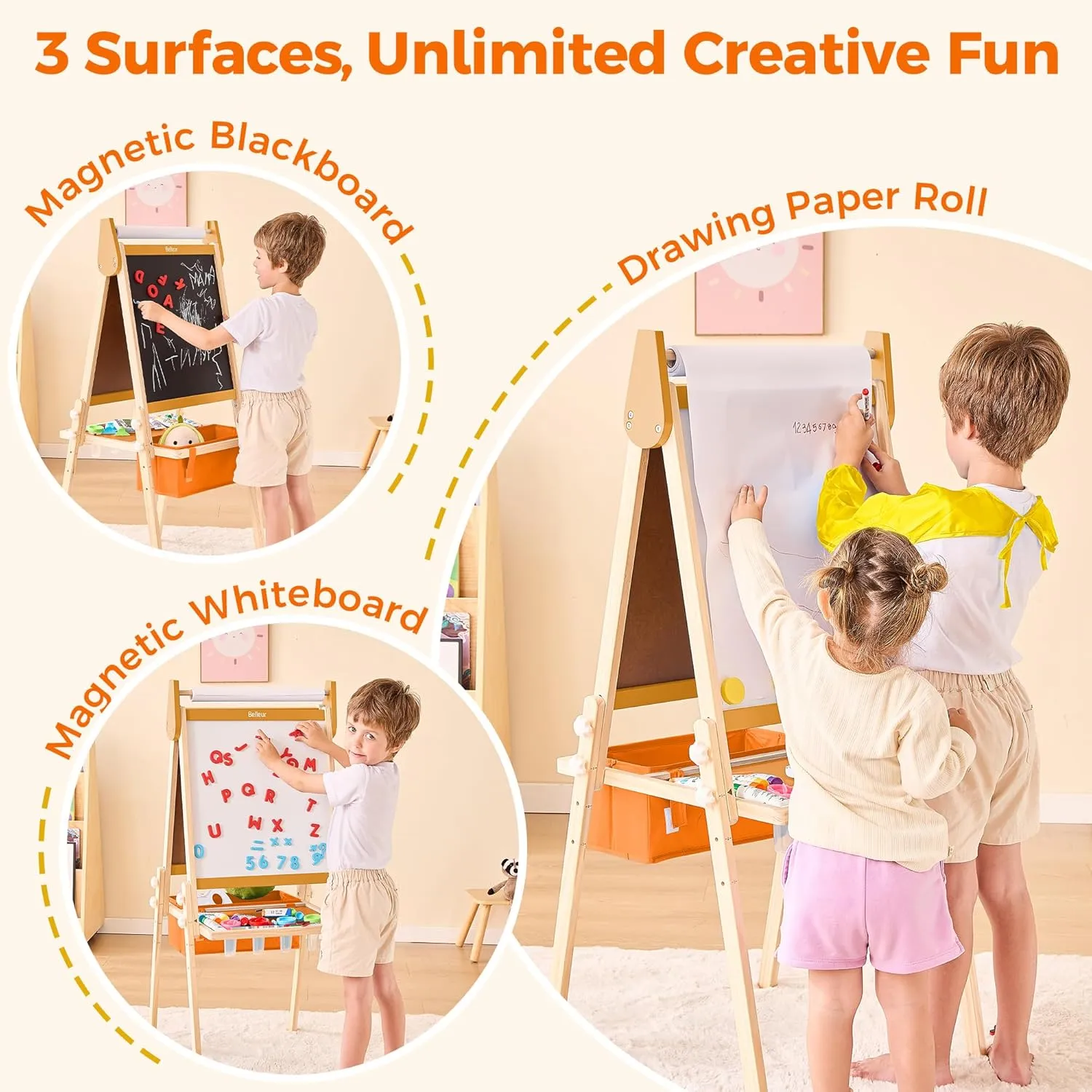 All-in-One Art Easel for Kids, Adjustable Double Sided Wooden Easel for Toddlers with Magnetic Whiteboard & Chalkboard, Paper Roll, Art Supplies, Child Painting Easel for Kid 2-8 Birthday Gift