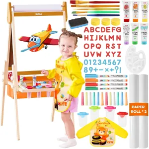 All-in-One Art Easel for Kids, Adjustable Double Sided Wooden Easel for Toddlers with Magnetic Whiteboard & Chalkboard, Paper Roll, Art Supplies, Child Painting Easel for Kid 2-8 Birthday Gift