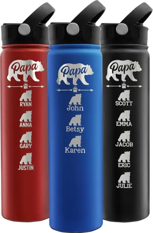 Amazing Items Gifts for Dad from Kids - Personalized Papa Bear Water Bottle w/Cubs Names, 24 oz - Up to 6 Cubs, 14 Font Options - Gifts for Dad from Daughter, Son - Birthday Gifts Dad, Grandpa