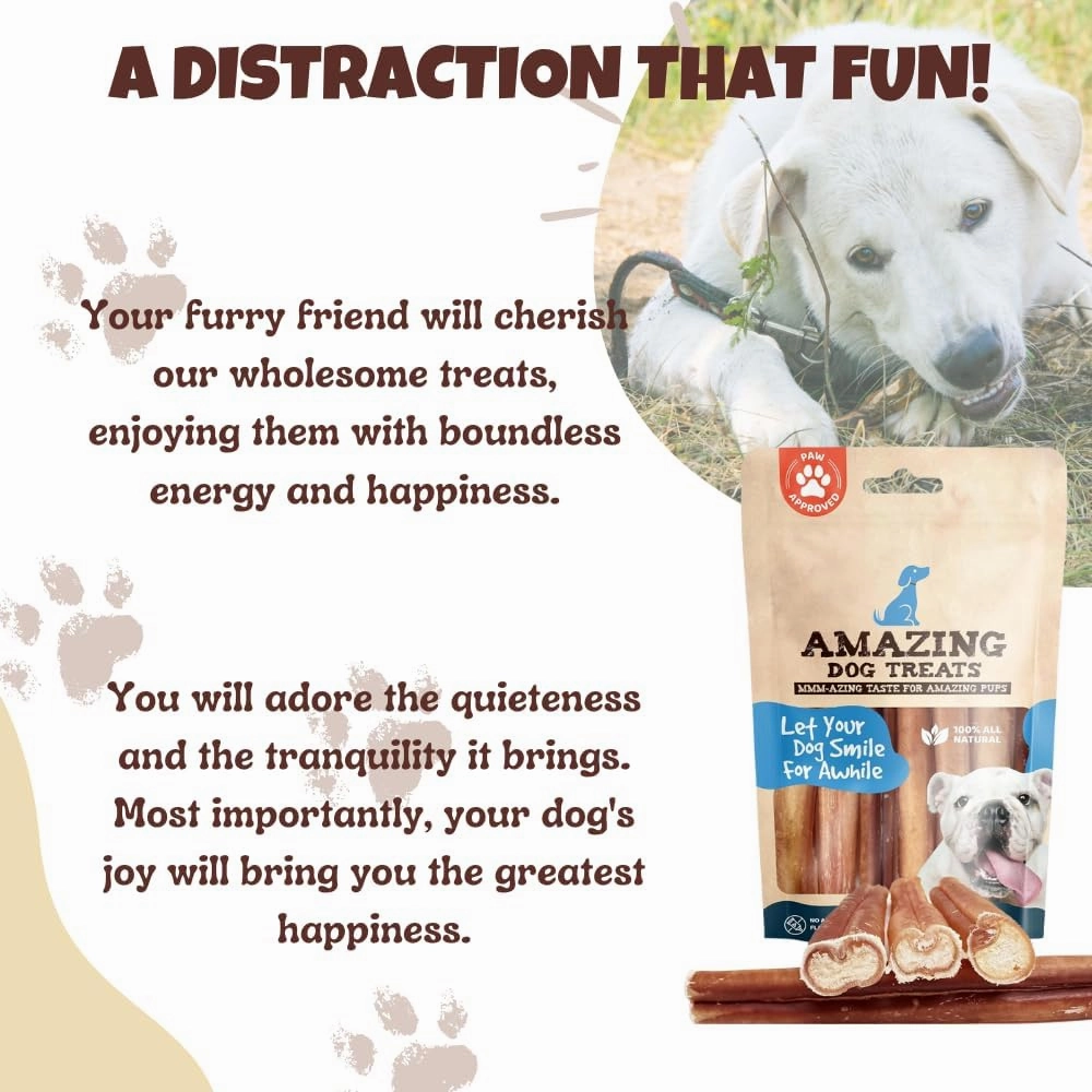 Amazing Dog Treats Bully Sticks 12 Inch - Extra Thick, Long Lasting - 5 Pcs/Pck