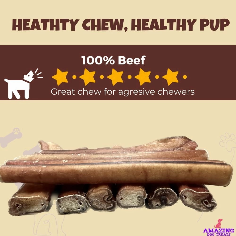 Amazing Dog Treats Bully Sticks 12 Inch - Extra Thick, Long Lasting - 5 Pcs/Pck