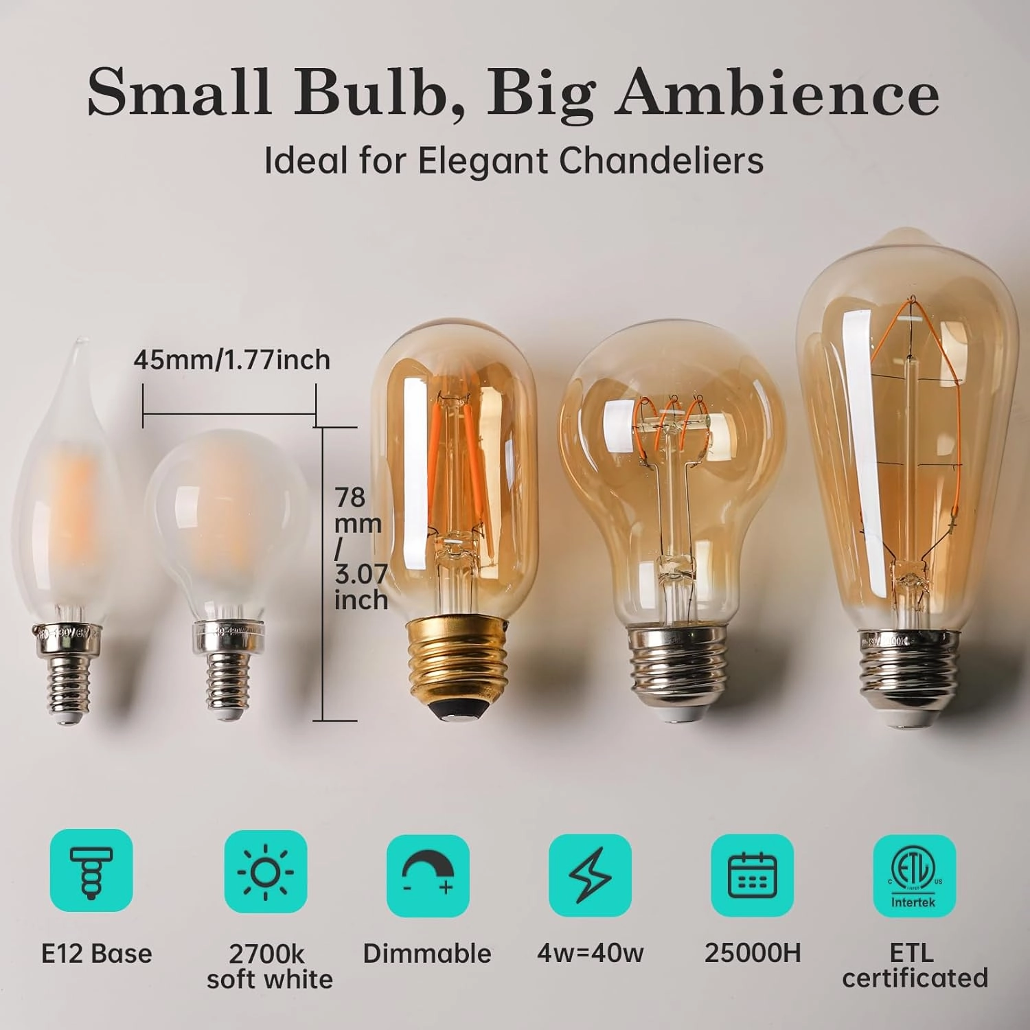 AMDTU 40W E12 Frosted Globe LED Bulbs, 2700K Warm White Dimmable Candelabra Base, Eye-Comfort Technology, Flicker-Free Decorative Lighting for Chandeliers, Dining Room, Vanity, and Bathroom Fixtures