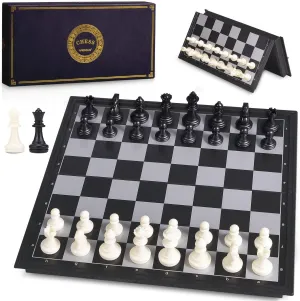 AMEROUS 10 Inches Magnetic Travel Chess Set with Folding Chess Board - 2 Extra Queens - Storage Bag for Pieces - Instructions for Beginner, Kids and Adults