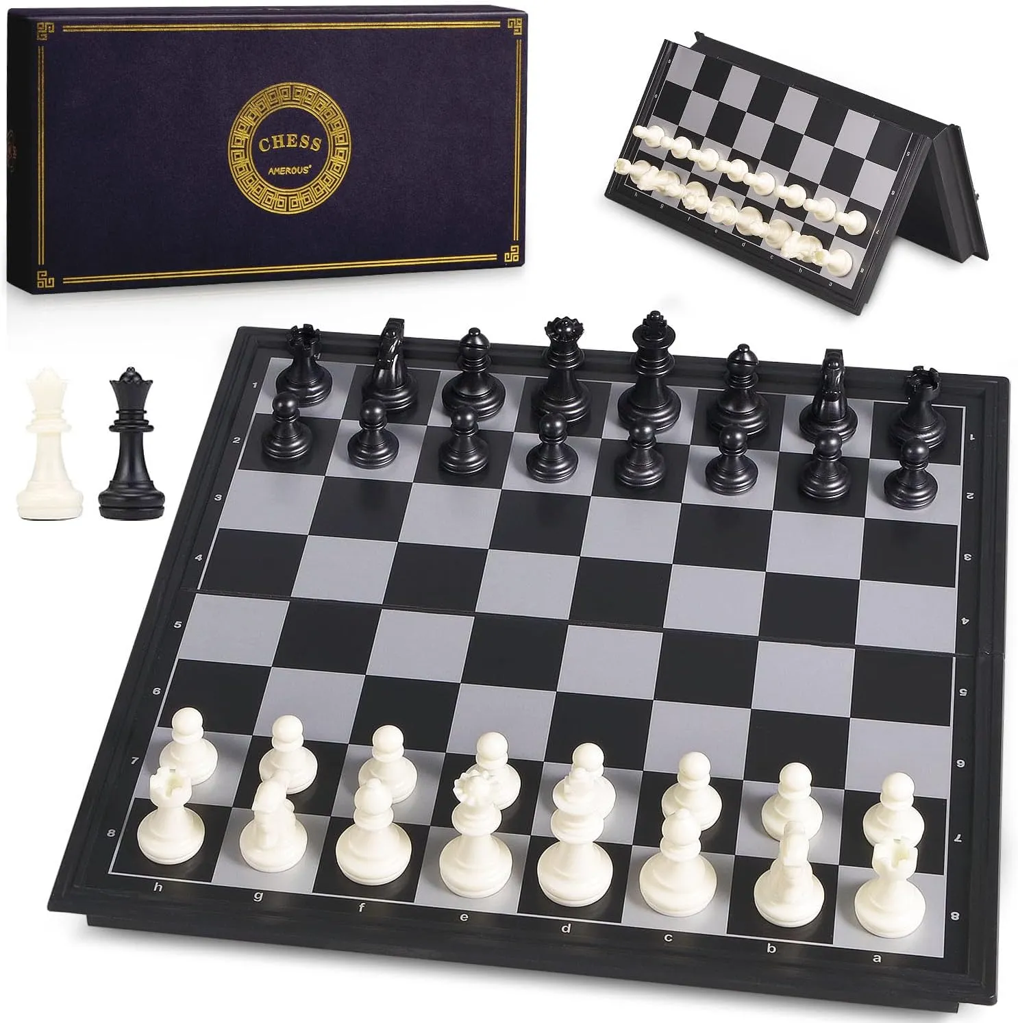 AMEROUS 10 Inches Magnetic Travel Chess Set with Folding Chess Board - 2 Extra Queens - Storage Bag for Pieces - Instructions for Beginner, Kids and Adults