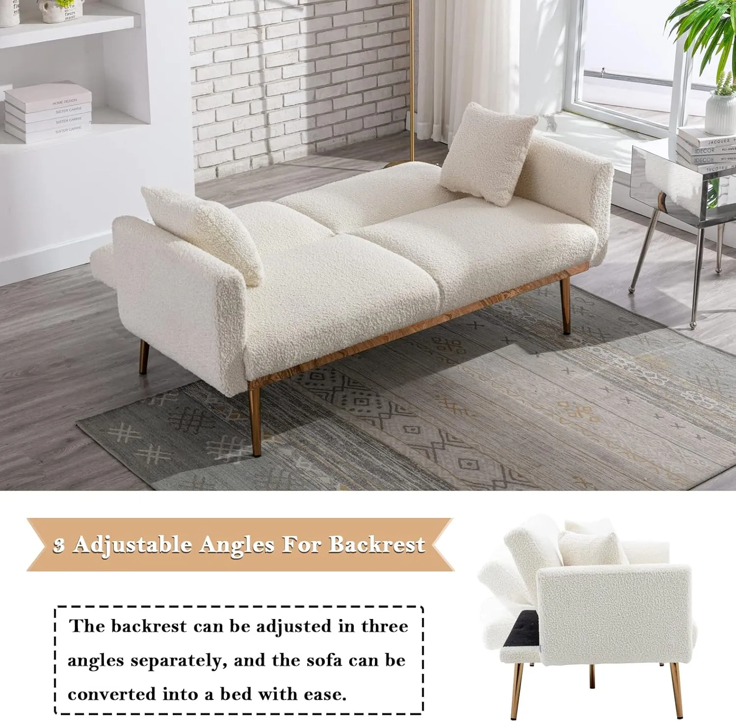 Antetek Futon Sofa Bed with 3 Adjustable Positions, Small Sleeper Sofa Loveseat with 2 Decorative Pillows, Modern Upholstered Convertible Couch with 5 Metal Tapered Legs, Ivory Teddy