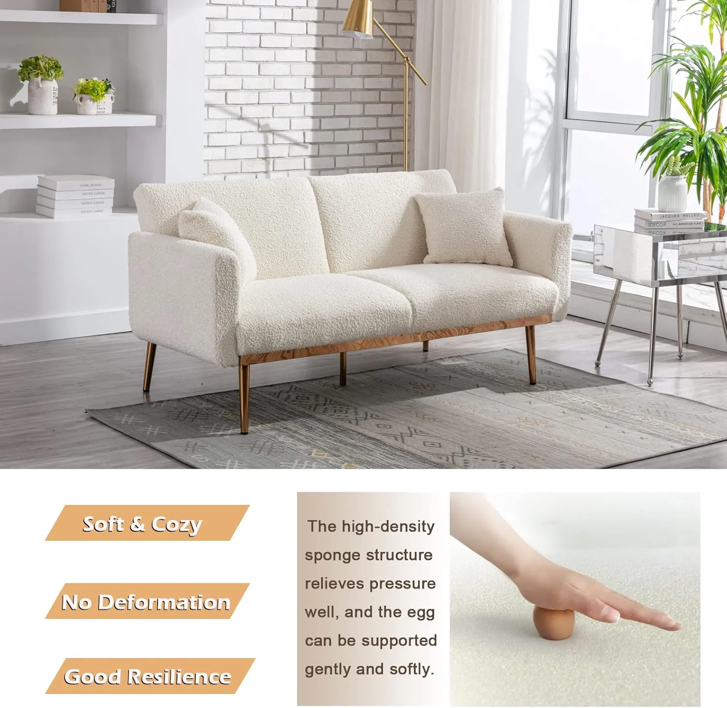 Antetek Futon Sofa Bed with 3 Adjustable Positions, Small Sleeper Sofa Loveseat with 2 Decorative Pillows, Modern Upholstered Convertible Couch with 5 Metal Tapered Legs, Ivory Teddy