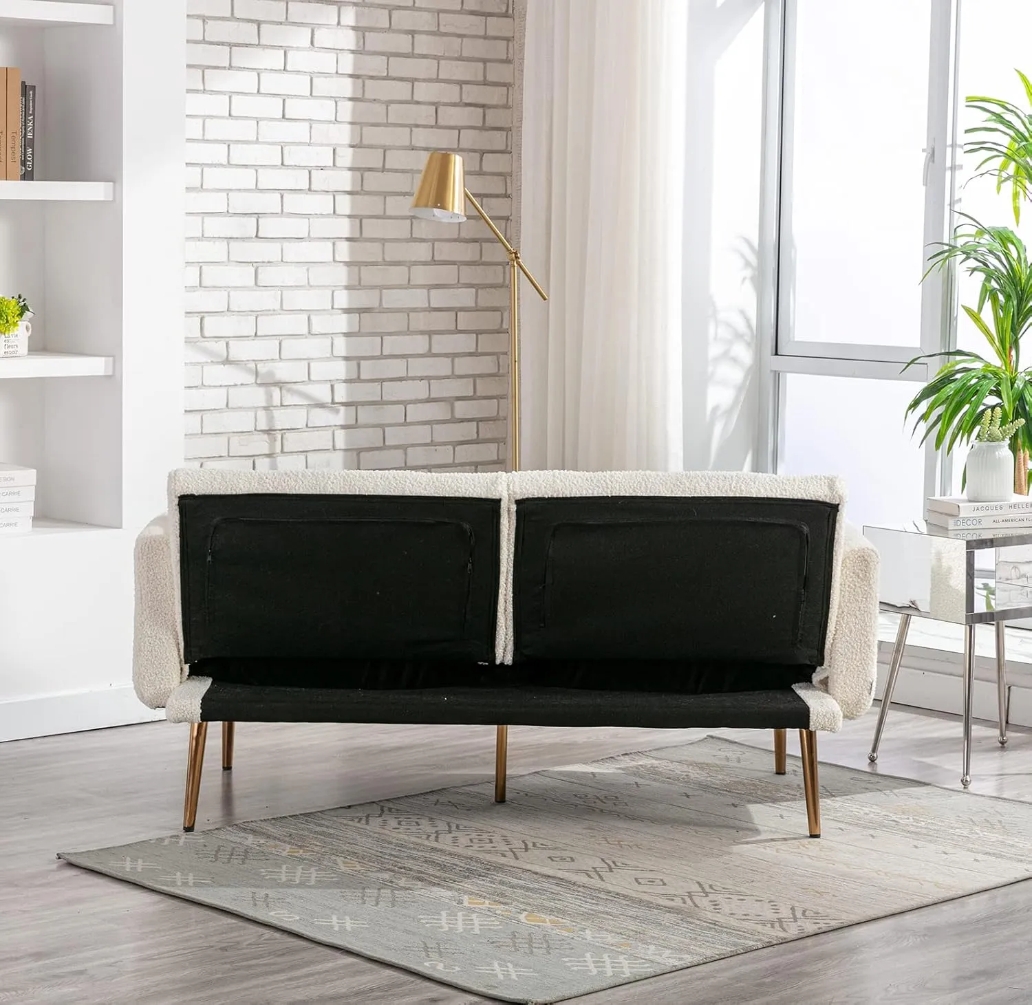 Antetek Futon Sofa Bed with 3 Adjustable Positions, Small Sleeper Sofa Loveseat with 2 Decorative Pillows, Modern Upholstered Convertible Couch with 5 Metal Tapered Legs, Ivory Teddy