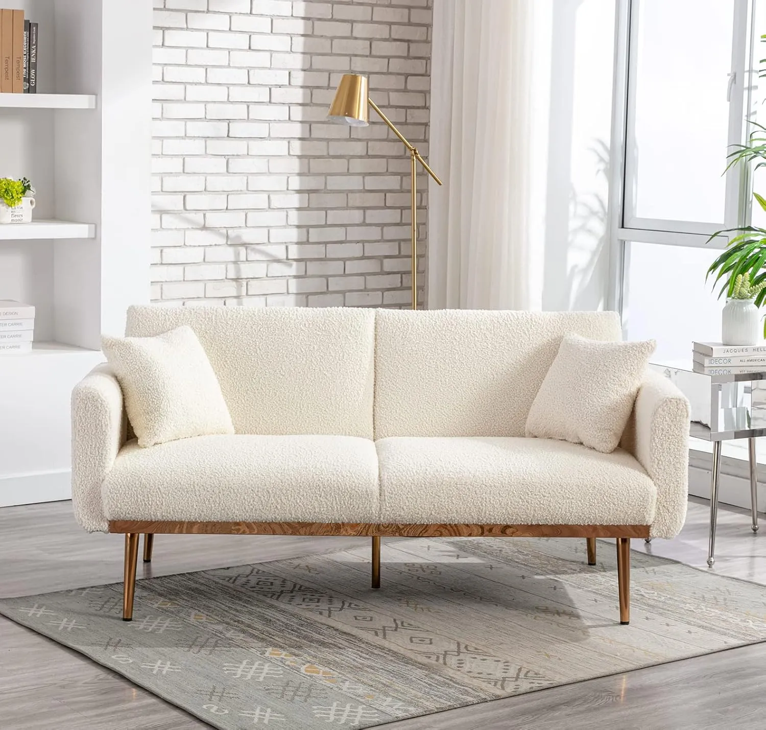 Antetek Futon Sofa Bed with 3 Adjustable Positions, Small Sleeper Sofa Loveseat with 2 Decorative Pillows, Modern Upholstered Convertible Couch with 5 Metal Tapered Legs, Ivory Teddy