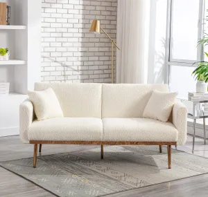 Antetek Futon Sofa Bed with 3 Adjustable Positions, Small Sleeper Sofa Loveseat with 2 Decorative Pillows, Modern Upholstered Convertible Couch with 5 Metal Tapered Legs, Ivory Teddy