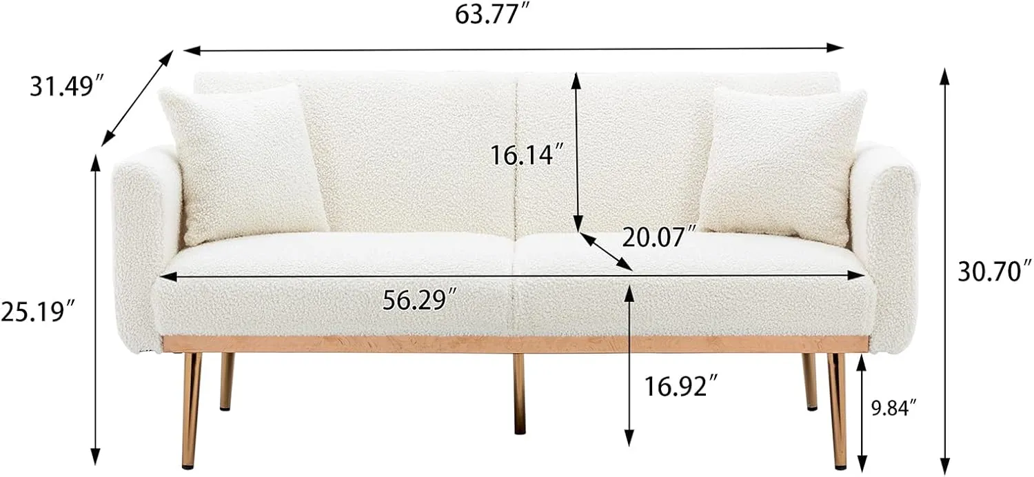 Antetek Futon Sofa Bed with 3 Adjustable Positions, Small Sleeper Sofa Loveseat with 2 Decorative Pillows, Modern Upholstered Convertible Couch with 5 Metal Tapered Legs, Ivory Teddy