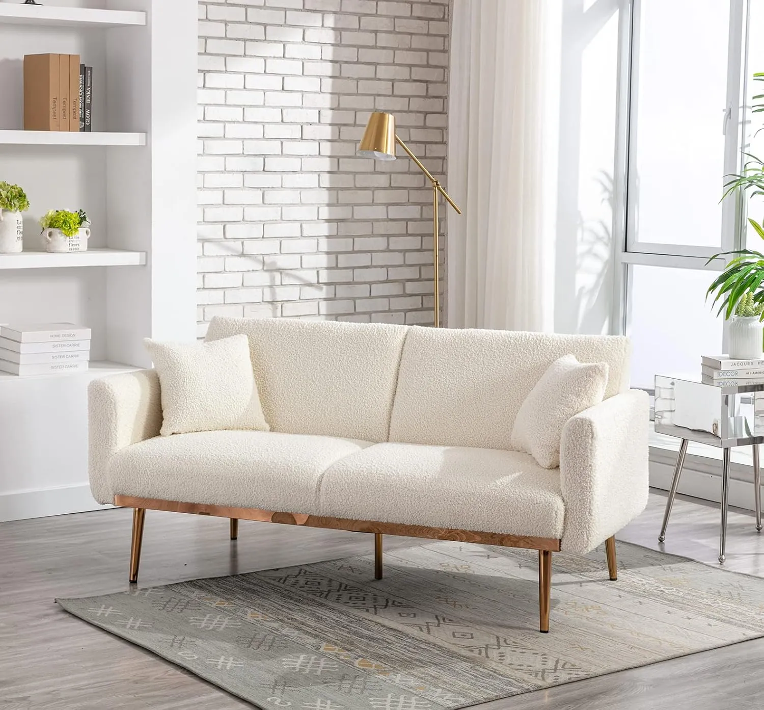 Antetek Futon Sofa Bed with 3 Adjustable Positions, Small Sleeper Sofa Loveseat with 2 Decorative Pillows, Modern Upholstered Convertible Couch with 5 Metal Tapered Legs, Ivory Teddy