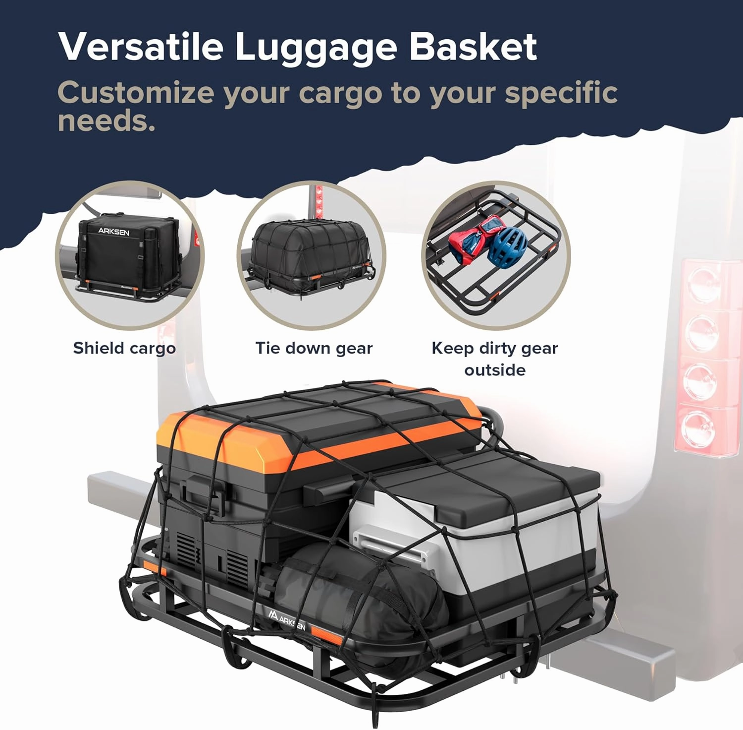 ARKSEN 32 x 26 x 4 Inch Heavy Duty Bumper Mounted Cargo Rack Carrier 350 Lbs Capacity Luggage Basket Hitch for RV, Camping, Traveling