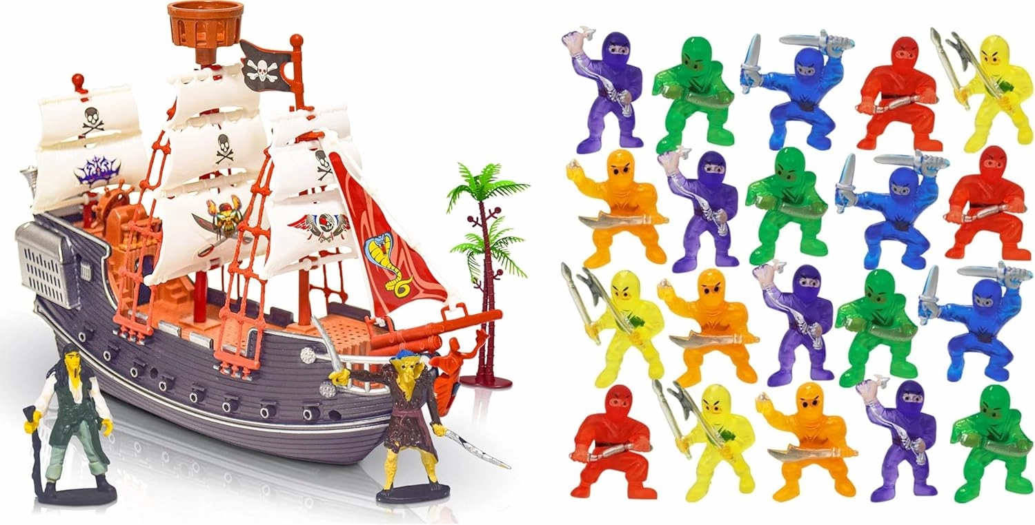 ArtCreativity 10 Inch Pirate Boat Playset, Detailed Ship Toy with 2 Pirate Action Figures   Mini Ninja Figurines, Pack of 48, Assorted Colors