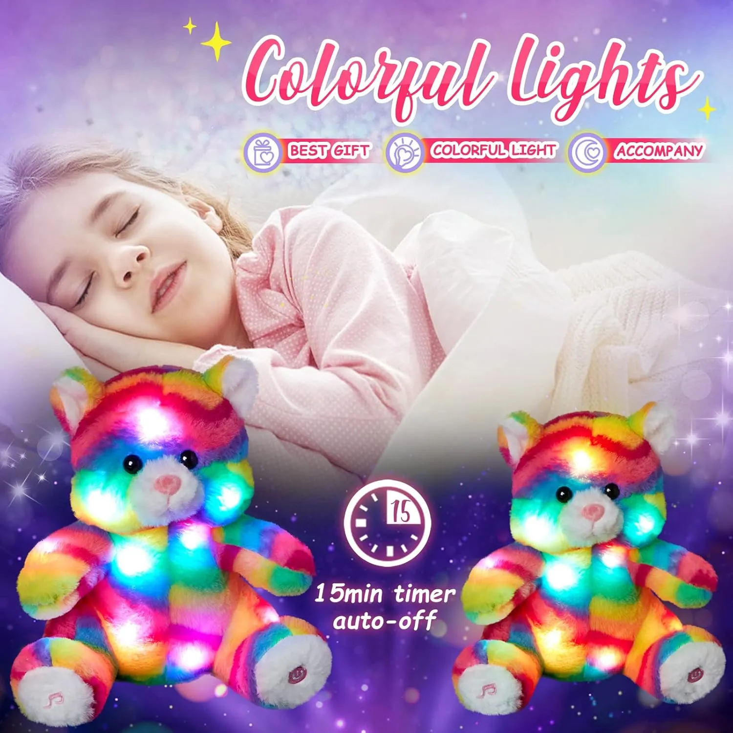 Athoinsu Light up Rainbow Cat Stuffed Animal Cute LED Glowing Kitty Wildlife Animal Soft Plush Toy with Night Lights Lullaby Gifts Decors for Toddlers Kids,11"