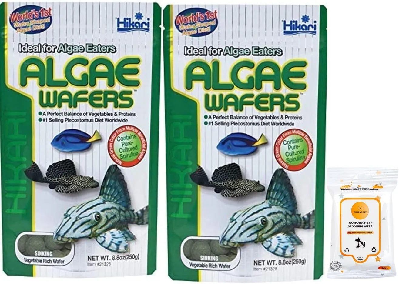 Aurora Pet Bundle (2) Hikari Algae Wafers Fish Food (8.8-oz Bags) with AuroraPet Wipes