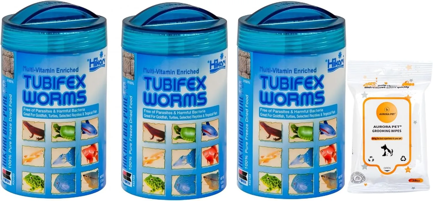 Aurora Pet Bundle (3) Hikari Tubifex Worms Pure Freeze-Dried Fish Food (0.7-oz Each) with AuroraPet Wipes