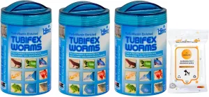 Aurora Pet Bundle (3) Hikari Tubifex Worms Pure Freeze-Dried Fish Food (0.7-oz Each) with AuroraPet Wipes