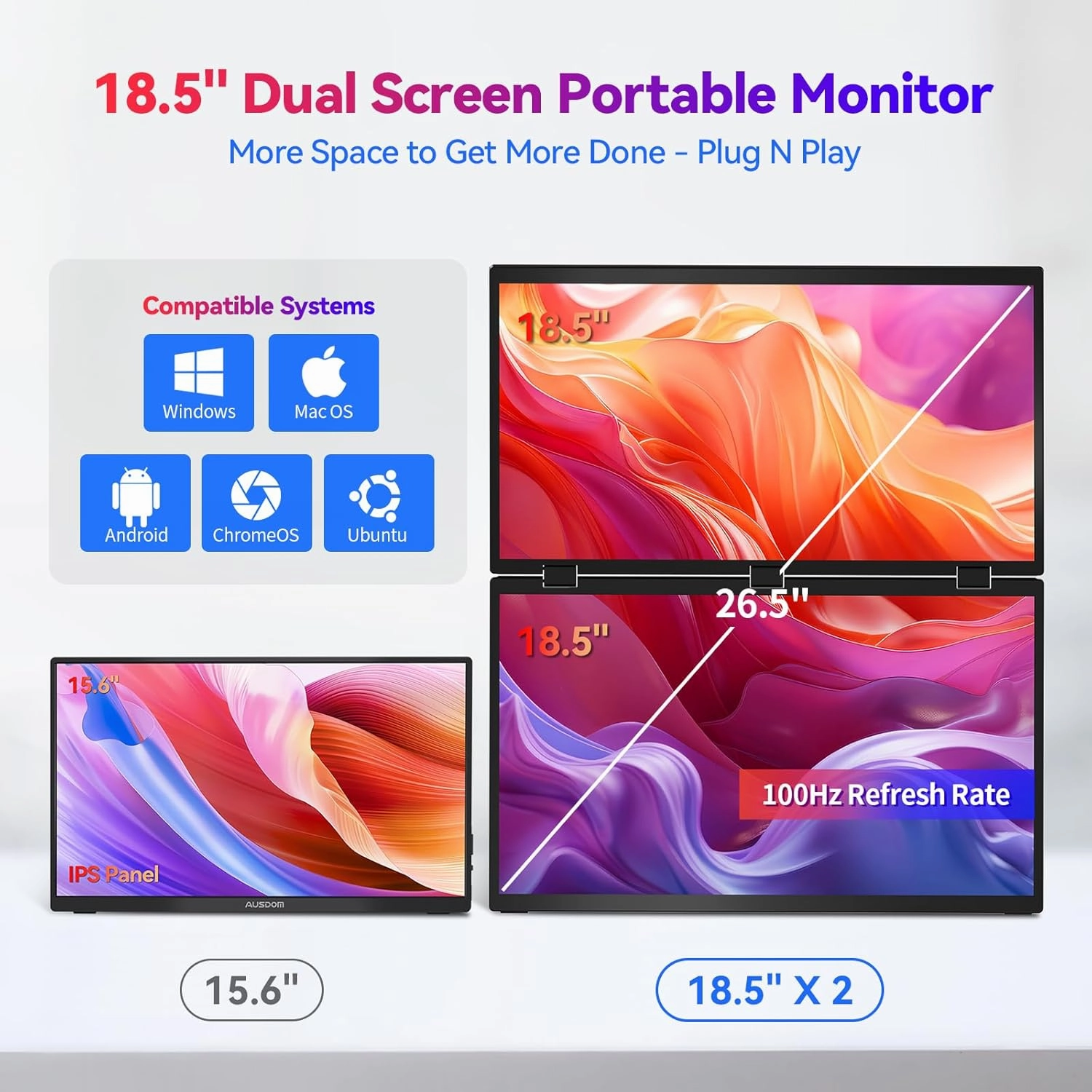 AUSDOM 18.5" Dual Screen Portable Monitor, 18.5 inch 100Hz 1080P Large Folding Stacked External Display for Laptop, Travel Foldable Screen Extender Double Mobile Computer Display for Win/Mac, Black