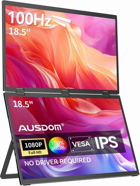 AUSDOM 18.5" Dual Screen Portable Monitor, 18.5 inch 100Hz 1080P Large Folding Stacked External Display for Laptop, Travel Foldable Screen Extender Double Mobile Computer Display for Win/Mac, Black