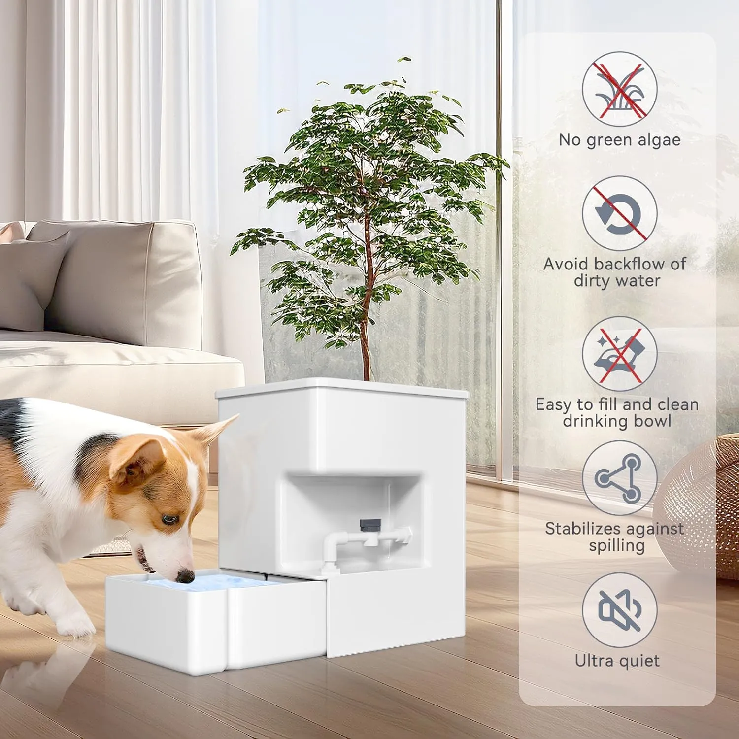 Automatic Pet Water Dispenser 8L Non-Gravity Waterer Algae-Free Avoid Dirty Water Backflow for Dogs and Cats Easy Top Fill Water Feeder Dog Cat Pets Water Bowls 2.11Gallon, White