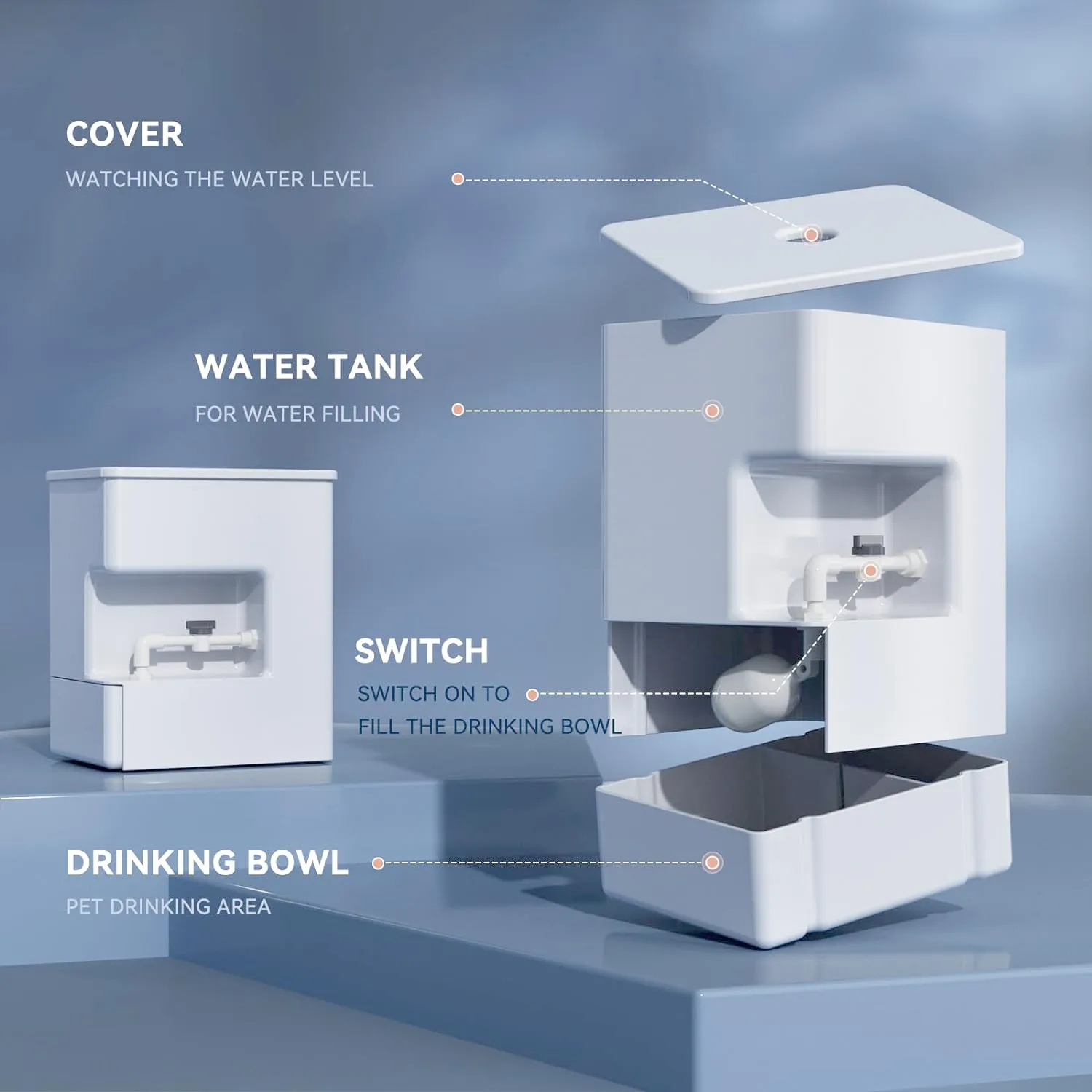 Automatic Pet Water Dispenser 8L Non-Gravity Waterer Algae-Free Avoid Dirty Water Backflow for Dogs and Cats Easy Top Fill Water Feeder Dog Cat Pets Water Bowls 2.11Gallon, White
