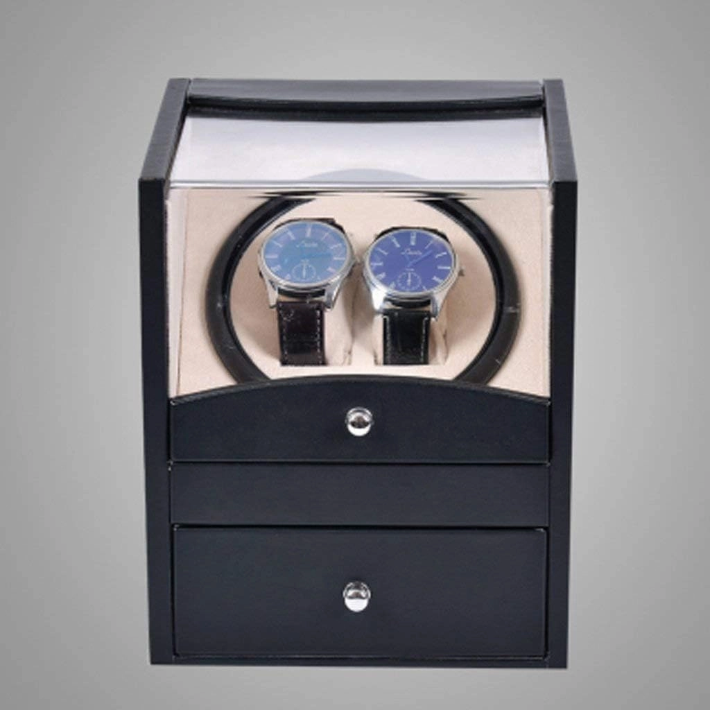 Automatic Watch Winder Box for 2 Watches, Quiet Motor, Leather, Glass Lid, Clockwise/Counter Mode, Gift Ready