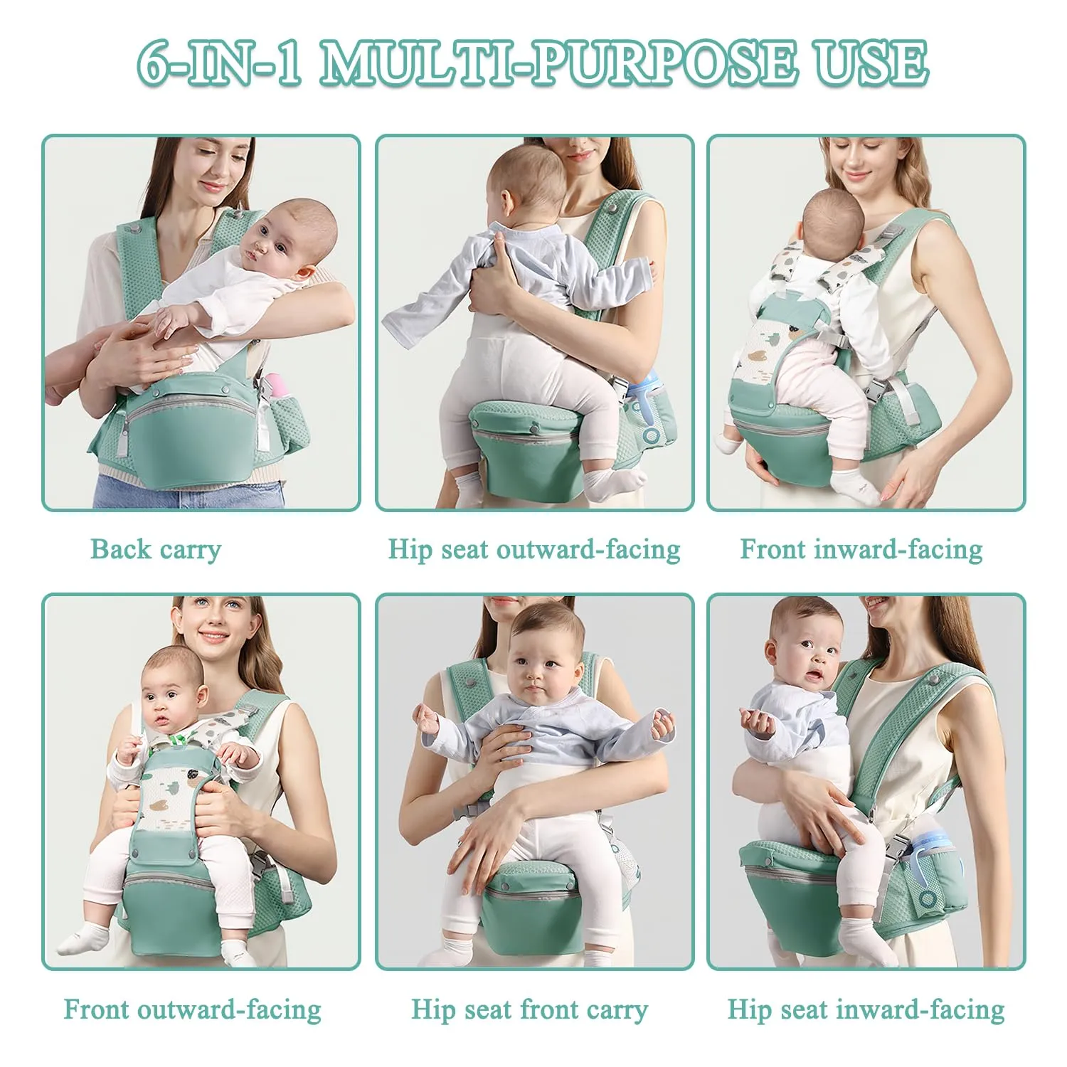Baby Carrier with Hip Seat for Newborn to Toddler, 6-in-1 Ergonomic Infant Carrier for 0-36 Month Baby, All Positions Soft Breathable Mesh Wrap Carrier with Waist Stool, Baby Holder-Green Print