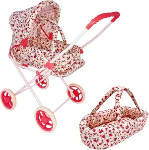 Baby Doll Stroller Play Set, 3-in-1 Babydoll Stroller with Removable Bassinet Baby Carriage for Dolls Toy Doll Stroller for Toddlers 3-4 Years, (Floral)