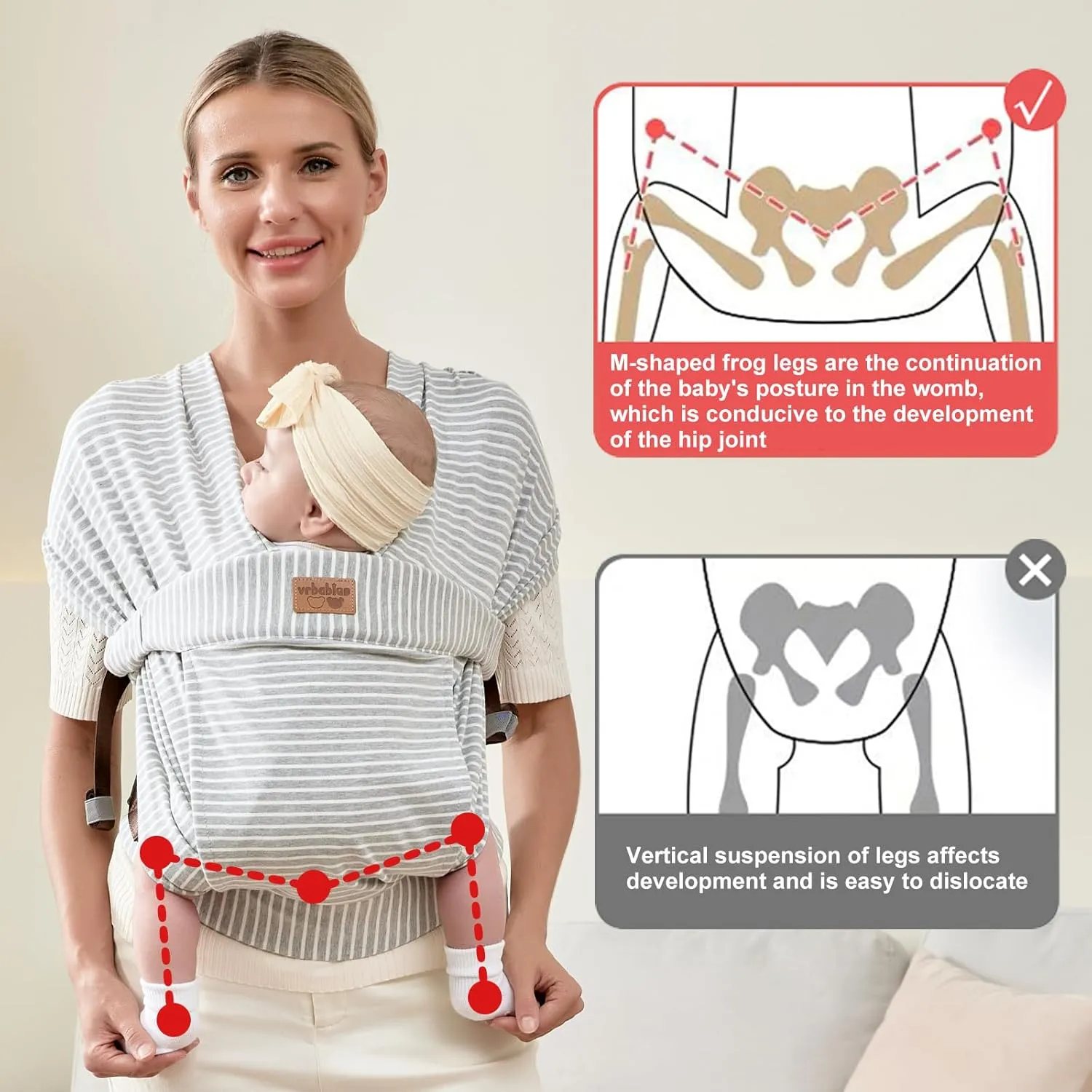 Baby Wraps Carrier Newborn to Toddler, Kangaroo Baby Easy Wearing Wrap, Adjustable Soft Baby Holder Front Chest Sling Carriers Perfect Baby Infant Essentials Gifts (Striped Grey, Cotton)